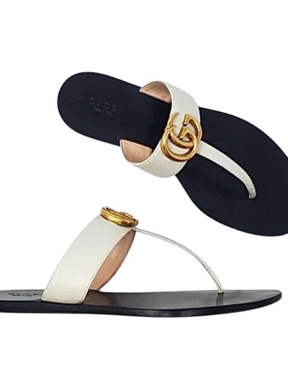 Gucci Lifford Double GG Marmont Logo Leather T-Strap Thong Flat Sandals W/Box